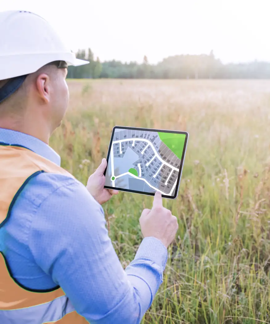 Photo of a construction working at a residential development site looking at a site plan